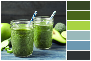 Color palette and delicious fresh green juice on blue wooden table. Collage