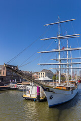 Historic sailing ship on the IJssel river in Kampen, Netherlands