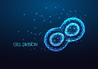 Futuristic cell division concept banner in glowing low polygonal style isolated on dark blue 