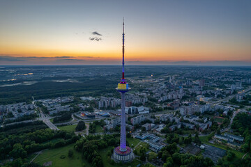 Aerial summer spring sunset view of Vilnius TV Tower, Lithuania
