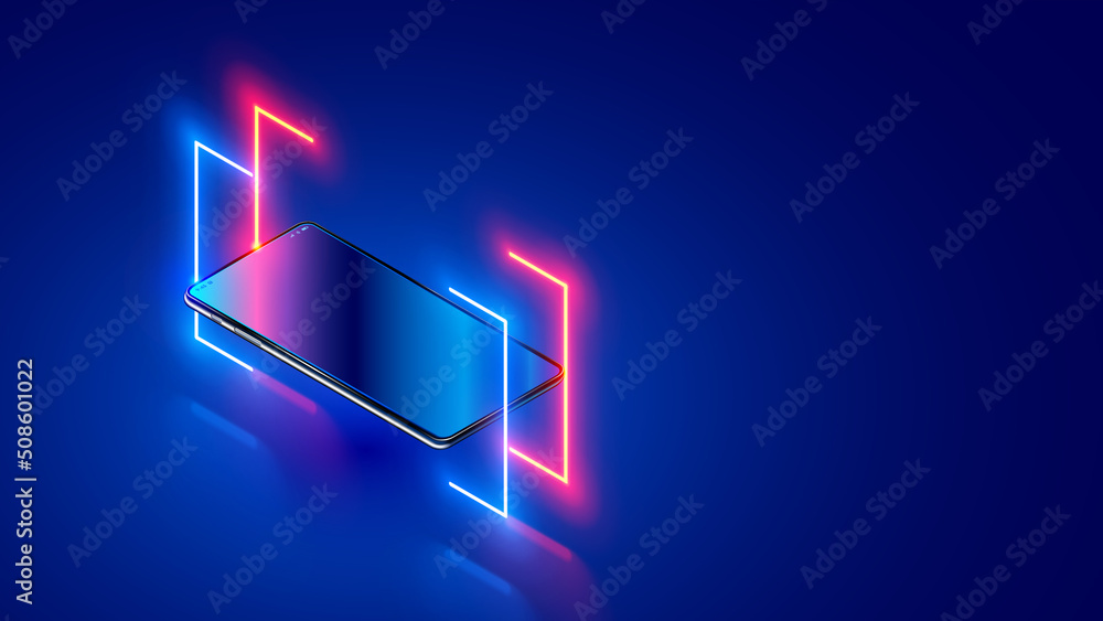 Poster phone hanging over dark blue glass desk around neon lighting lines. mock up or template smartphone. 