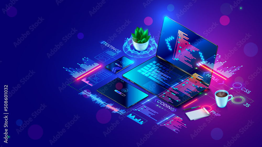 Fototapete Software development isometric concept. Process of programming, optimization, debugging program or code for laptop, phone, tablet. Creation adaptive application layout. Computer technology banner.