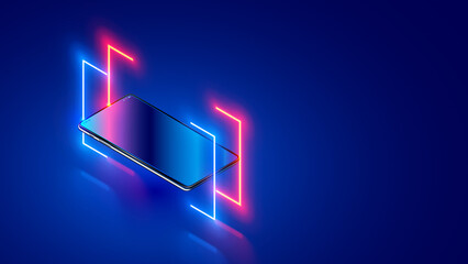 Phone hanging over dark blue glass desk around neon lighting lines. Mock up or template smartphone. Mobile cellphone with empty dark screen with glass gradient. Smartphone tech Isometric background.