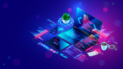 Software development isometric concept. Process of programming, optimization, debugging program or code for laptop, phone, tablet. Creation adaptive application layout. Computer technology banner.