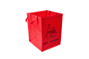 Red container for collecting plastic and bottles on a white background. Separate garbage collection to preserve the ecology of nature.