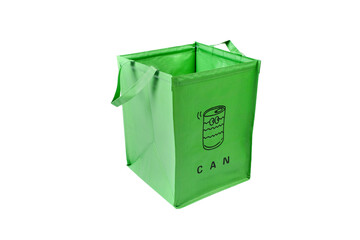 Green bag for collecting used metal cans on a white background. Separate garbage collection, nature conservation.