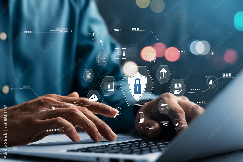 Wall mural cybersecurity concept global network security technology, business people protect personal informati