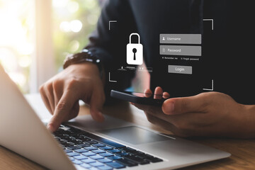 Cybersecurity internet and networking concept. Close up of hand holding smartphone information...