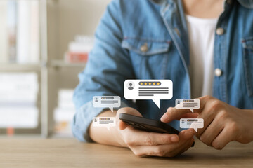 User give rating to service experience on online application, Customer review satisfaction feedback survey concept, Customer can evaluate quality of service leading to reputation ranking of business.