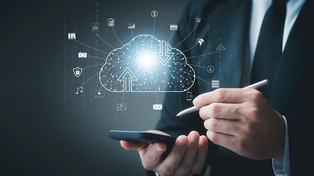 Cloud icon connecting to internet server service for downloading and uploading data on smartphones, cloud icons on virtual screens and social media icons. Applications and online businesses.