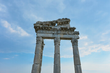 Greek Style Acropolis of Pergamon Side View with Clouded and Blue Sky in Turkey. Touristic Lanscape With Text Place.