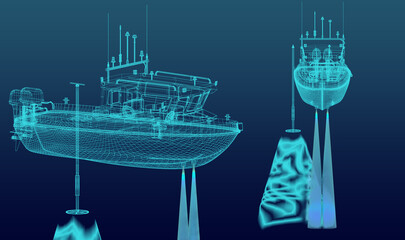 Schematic of a motor boat with sonar. Bathymetry. 3d-rendering - obrazy, fototapety, plakaty