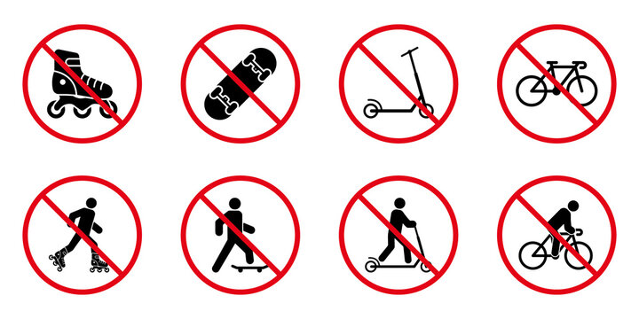 Ban Rollerskate Silhouette Icon Set. Bike Forbid Pictogram. Skateboard Roller Skate Kick Scooter Permit Green Symbol. No Allowed Skating Sign. Prohibit Wheel Transport. Isolated Vector Illustration