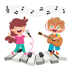Funny Cartoon Kids Playing Music