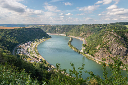Scenic view of Upper Middle Rhine Valley with Lorelei (germ. Loreley), Katz Castle and St. Goarshausen