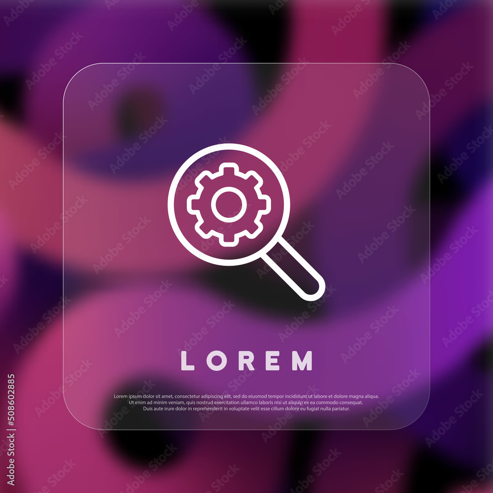 Poster setting icon. gear sign. magnifying glass. glassmorphism style. vector line icon for business and ad