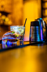 Woman bartender holding cold gin tonic cocktail in bar