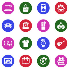 Gift Icons. White Flat Design In Circle. Vector Illustration.