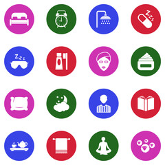 Sleeping Routine Icons. White Flat Design In Circle. Vector Illustration.