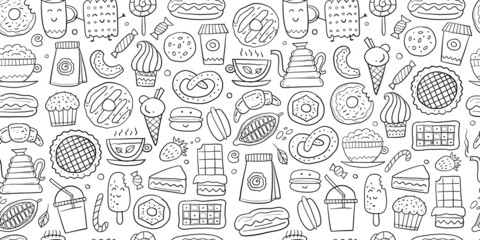 Coffee shop menu elements. Desserts and sweets. Hand drawn sketch. Seamless pattern background for your design