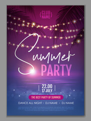 Summer disco party poster with tropic leaves and string of lights. Summer background. Vector illustration - obrazy, fototapety, plakaty