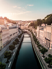 Aerial view on Karlovy Vary city in the morning