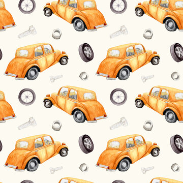 Watercolor retro cars. Seamless children's pattern with different machines. Hand painted retro car pattern. Retro transport. Brown car with nuts and screws.
