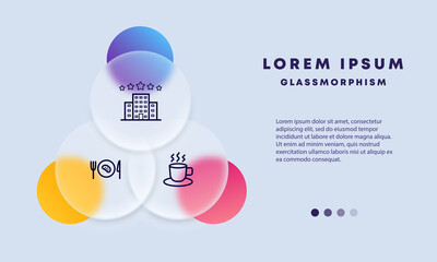 Hotel icon set. Hotel service icons. Breakfast, coffee and building. Glassmorphism style. Vector line icon for Business and Advertising