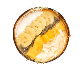 Coconut, Hawaian fruit ice cream in coco shell on the plate.