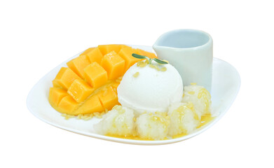 Mango ice cream, Mango sticky rice with ice cream, and coconut milk source, Thai style dessert