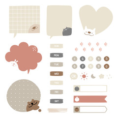 set of cute doodle text box planner with icon sticker, speech bubble balloon, flat design, vector, illustration