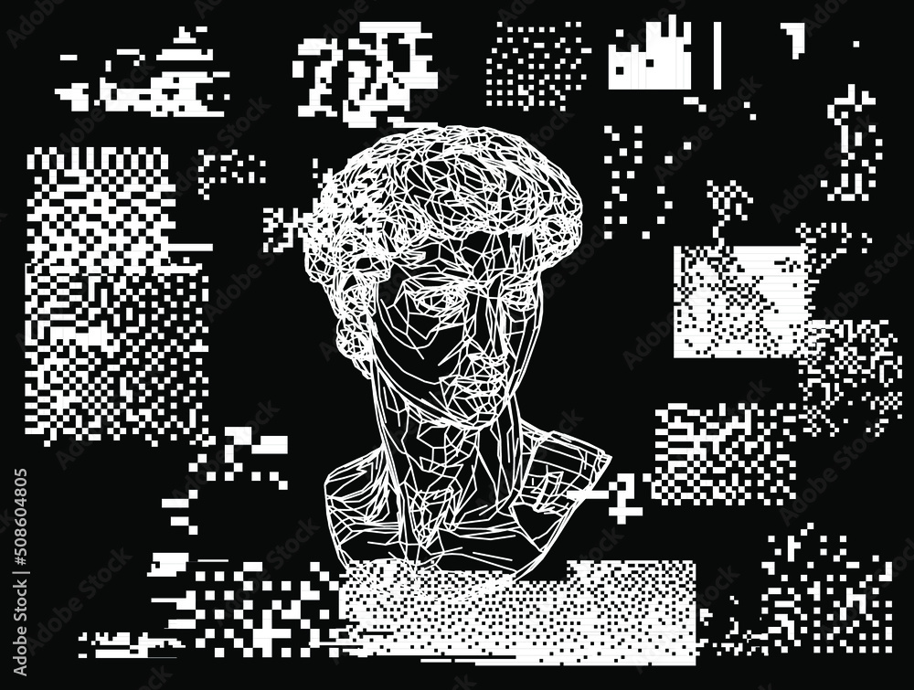Aufkleber 3d low-poly model of sculpture head on glitched and pixelated background. artsy futuristic image for