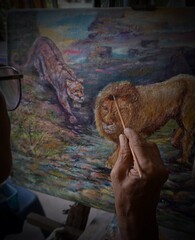 oil painting  lion  at  home