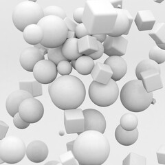 White 3d cubes and balls in sporadic order. 3d render illustration