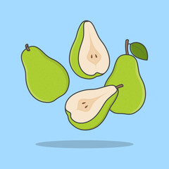 Green Pear Fruits Cartoon Vector Illustration. Falling Sliced Pear Fruit Flat Icon Outline. Flying Pear Fruits