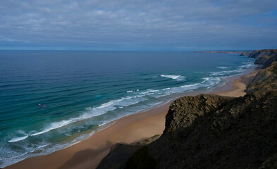 Ocean bay, ocean coastline with empty sandy beach