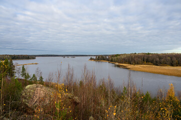 Autumn day. Straw grass. Trees and Bay. Protective Bay. Gulf of Finland. Vyborg.