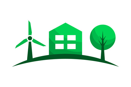 Green housing concept. Windmill, house and a tree. Environmental friendly real estate. Sustainable living idea. Clean energy sources. Ecological building industry. Vector illustration, flat, clip art 