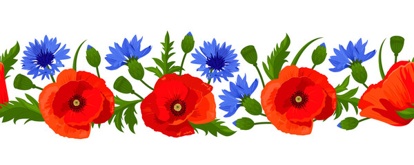 Horizontal seamless border with poppies, cornflowers and green leaves. Vector floral garland. - obrazy, fototapety, plakaty