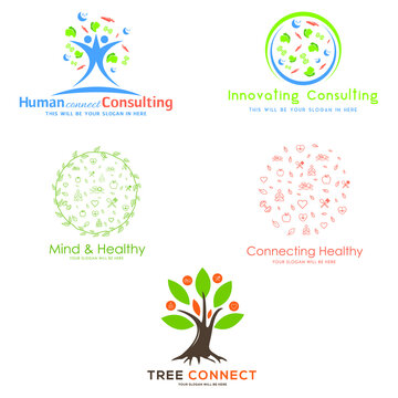 A set of illustration modern consulting human foods healthy with various kinds tree vegetables symbol icon logo design template element