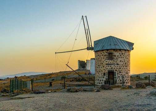 Symbol of the city of Bodrum Turkey ancient windmill on a hill.
