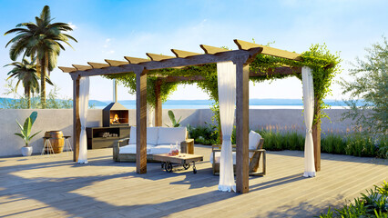 3D illustration of luxury terrace with sea view and wooden pergola