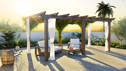 3D render of teak wood pergola on outdoor private terrace