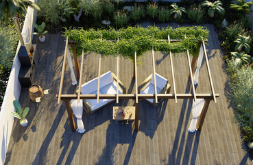 3D render top view of wooden pergola on private terrace