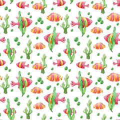 Watercolor fish underwater nautical seamless pattern for fabric, print, textile design, scrapbook paper, wrapping paper, wallpaper. Hand painted cute nursery illustrations