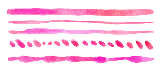 Watercolor. Pink abstract painted ink strokes set on watercolor paper. Ink strokes. Flat kind brush stroke.