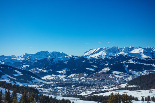 Megeve town in the valley of Alps, view from mountains
