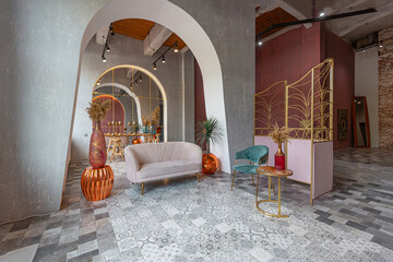 interior of a large apartment in oriental mixed with loft style with arches, led lighting and...