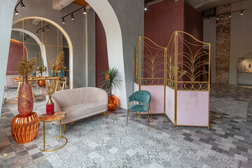 interior of a large apartment in oriental mixed with loft style with arches, led lighting and...