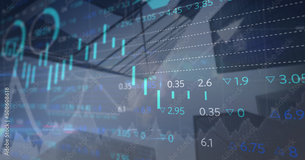 Poster image of financial data and graphs over architecture